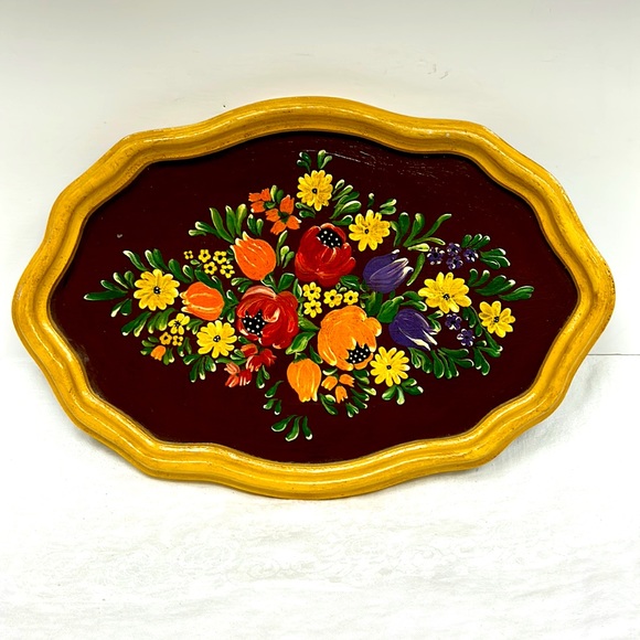 Vintage wood serving tray hand painted with floral bouquet design - Picture 1 of 6